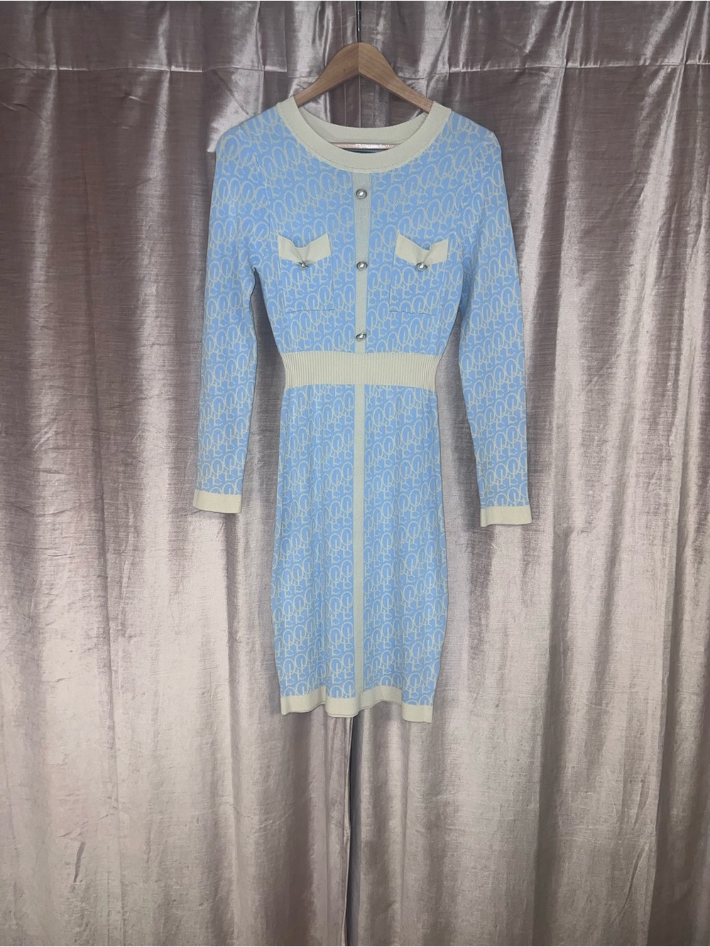 Light Blue Long Sleeve Knit Sheath Dress with Cream Trim